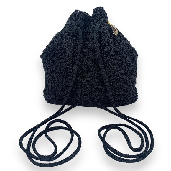 Vintage 90's FRANKIE AND JOHNNIE black woven macrame mini slouch backpack - Picture 2 of 11